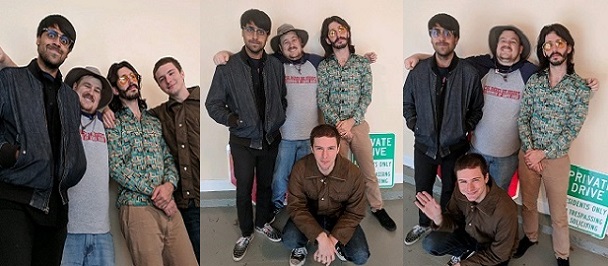 Three pictures of the full band posing in a garage